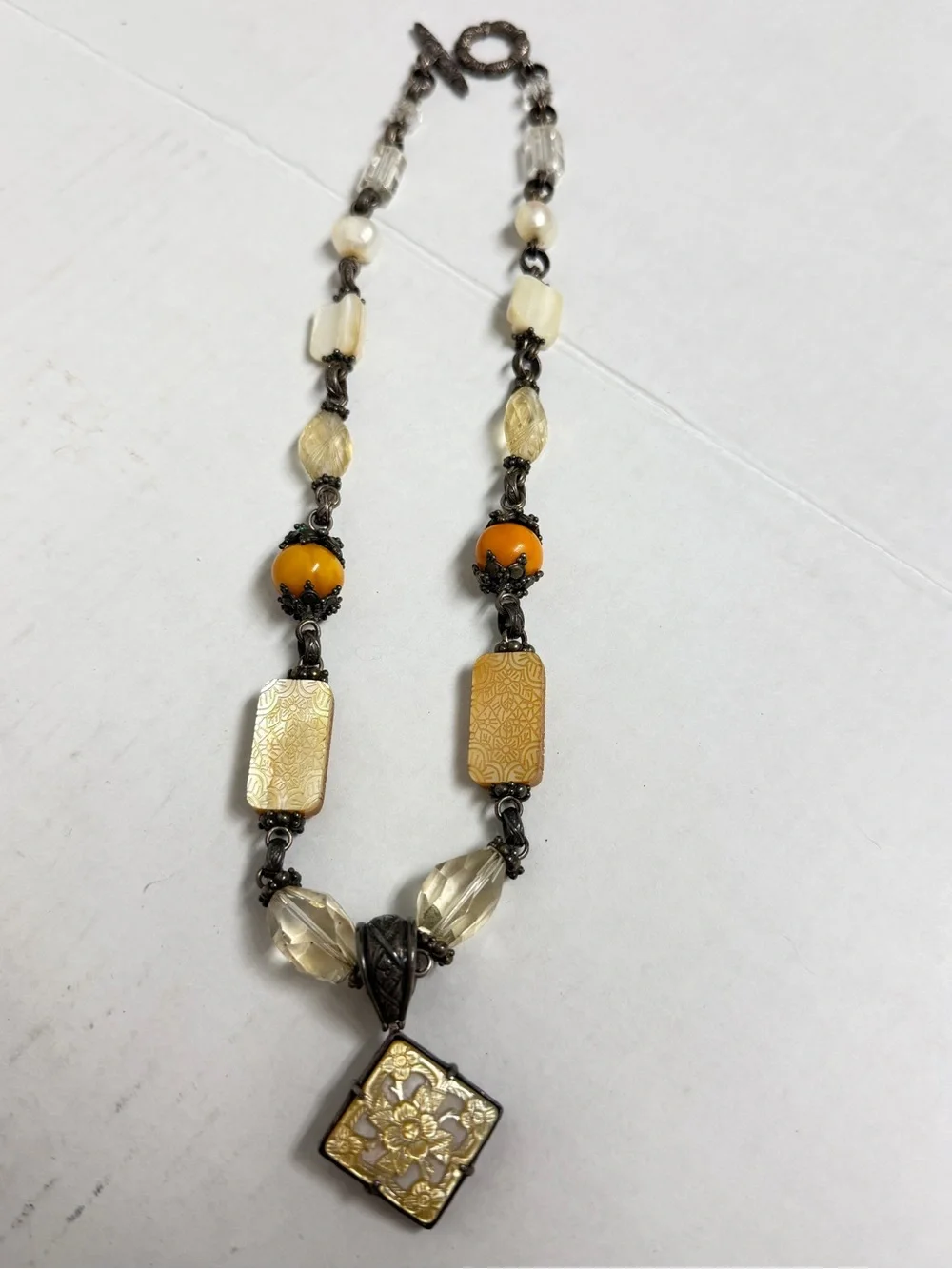 Vintage 90’s Stephen Dweck .925 Silver Pearl Amber, Citrine & Quartz Necklace
